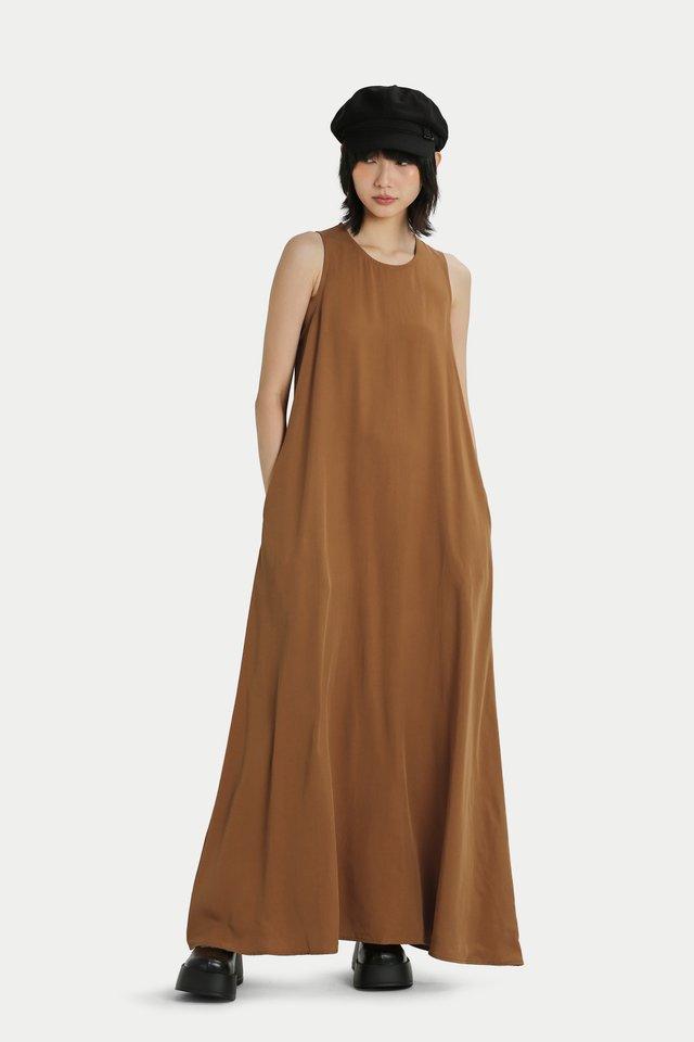 RIA DRAPED TANK DRESS IN TOFFEE