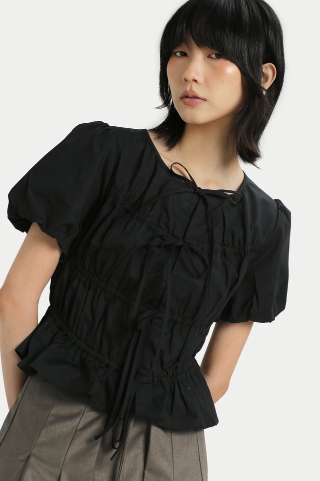 TESSIE PUFF SLEEVE TIE TOP IN BLACK