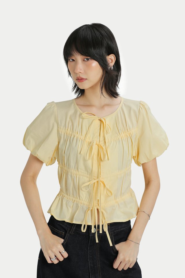 TESSIE PUFF SLEEVE TIE TOP IN BUTTER