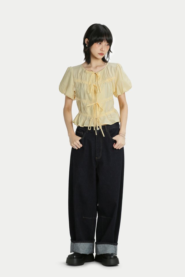 TESSIE PUFF SLEEVE TIE TOP IN BUTTER