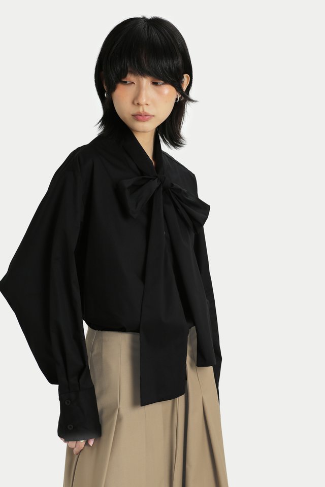YUA BOW COLLAR OVERSIZED SHIRT IN BLACK