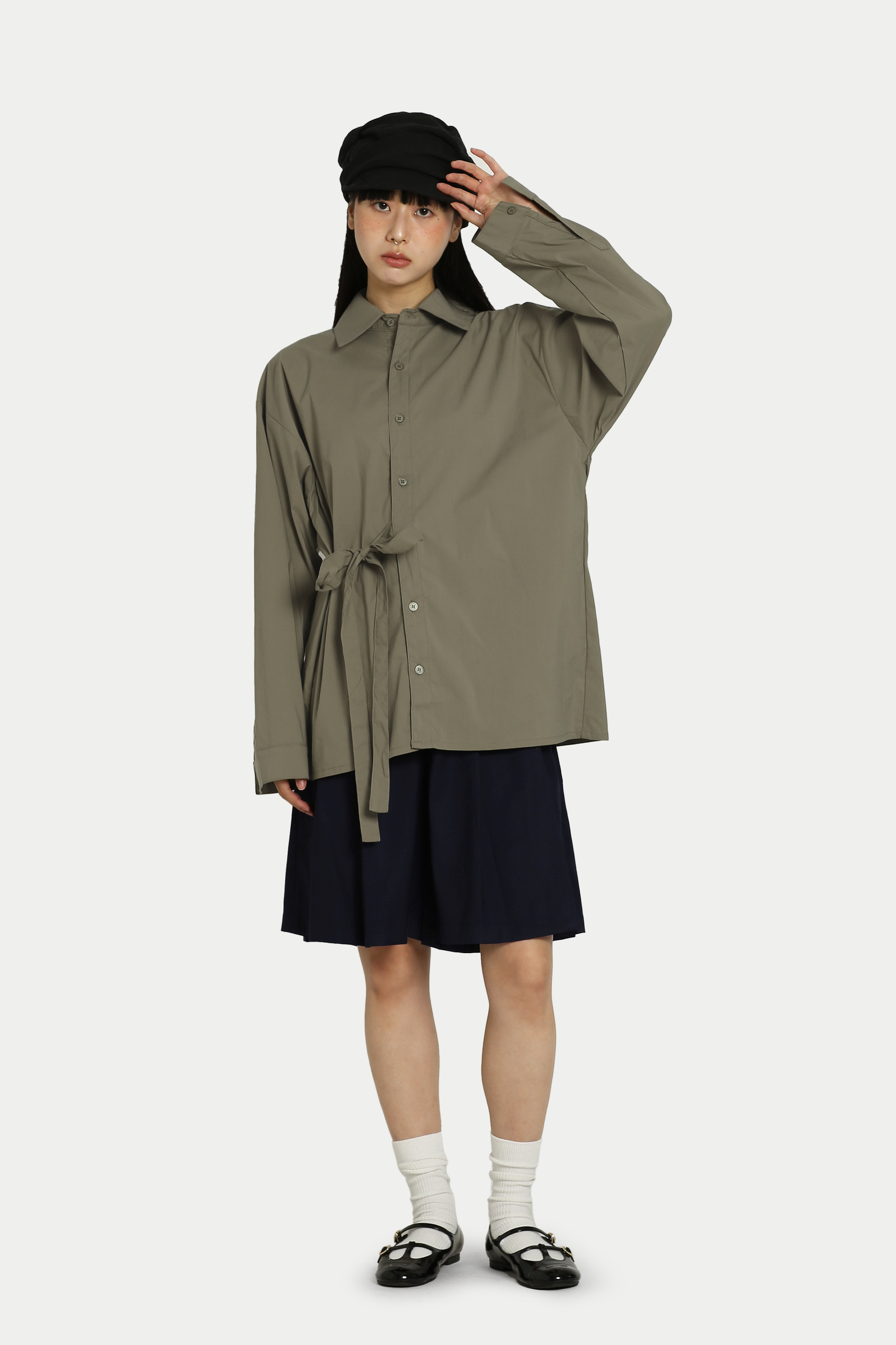 HANAE SIDE TIE OVERSIZED SHIRT IN OLIVE