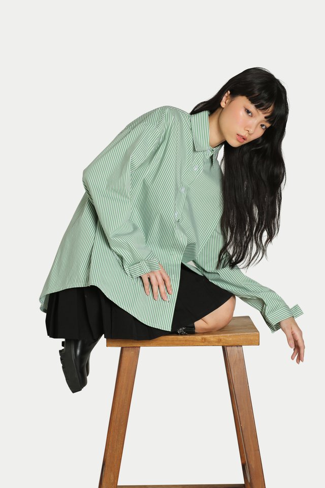 CELINE BOW CUFF OVERSIZED SHIRT IN GREEN STRIPES