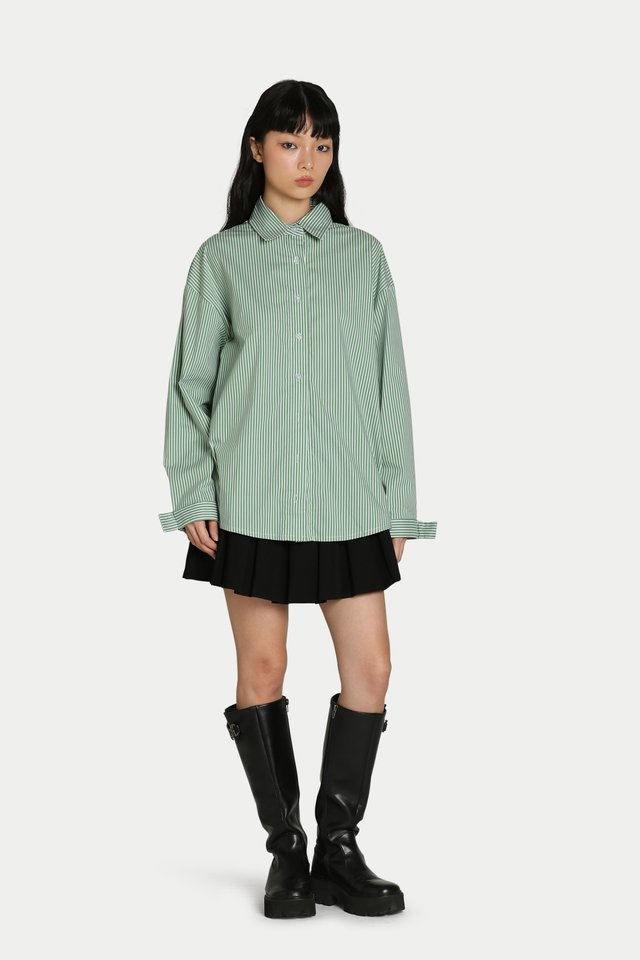 CELINE BOW CUFF OVERSIZED SHIRT IN GREEN STRIPES