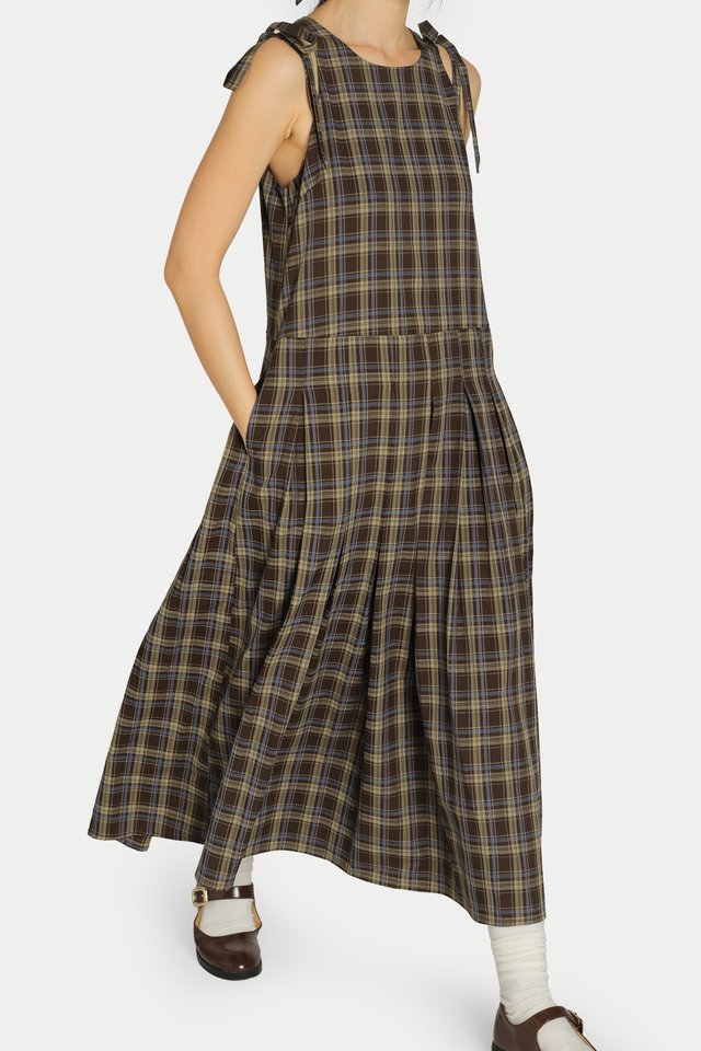 CAREEN SHOULDER TIE PLEATED DRESS IN TEDDY/SKY CHECKS