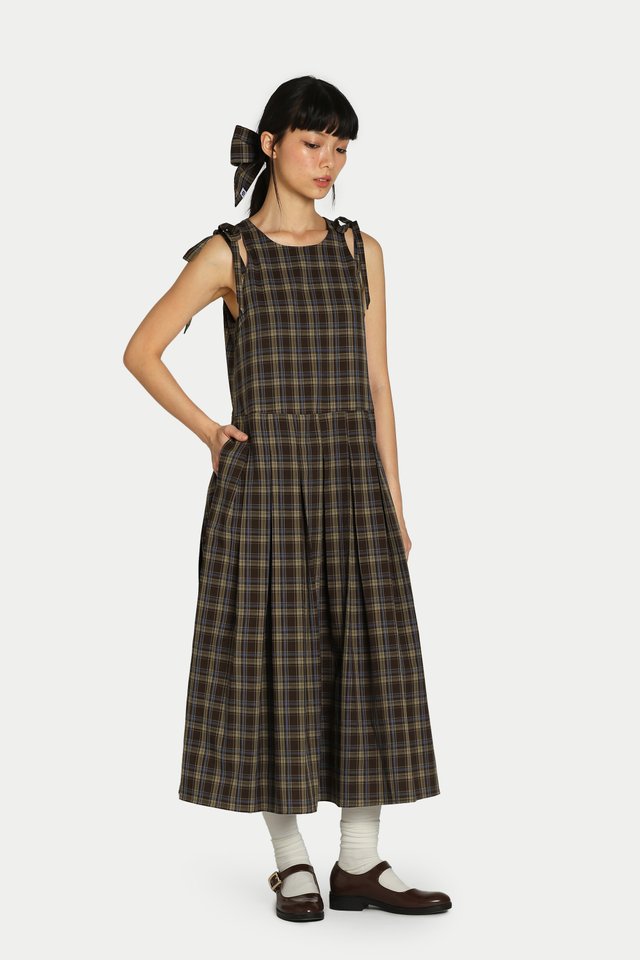 CAREEN SHOULDER TIE PLEATED DRESS IN TEDDY/SKY CHECKS