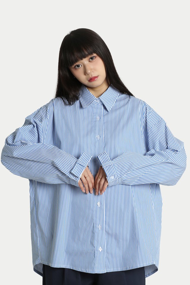 CELINE BOW CUFF OVERSIZED SHIRT IN BLUE STRIPES