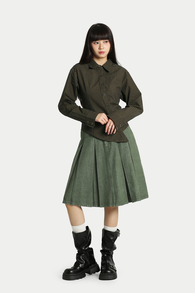 VERA ASYMMETRICAL WAISTED SHIRT IN BROWN CHECKS