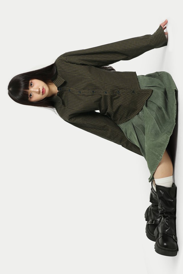 VERA ASYMMETRICAL WAISTED SHIRT IN BROWN CHECKS