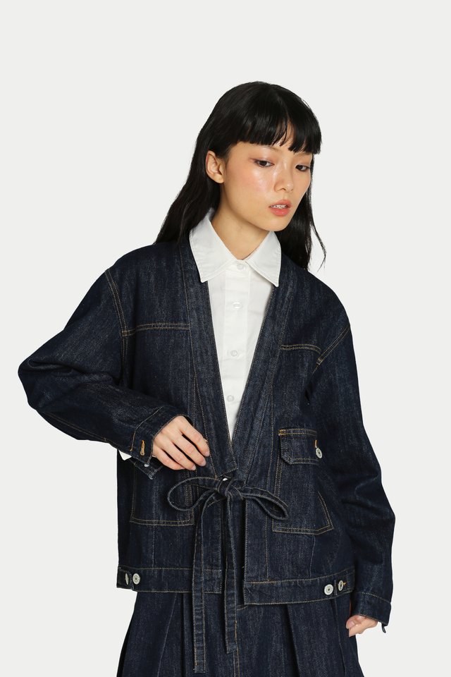 AKIRA KIMONO DENIM JACKET IN DARK WASH