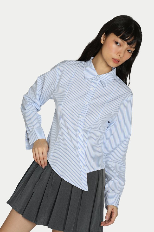 VERA ASYMMETRICAL WAISTED SHIRT IN SKY STRIPES