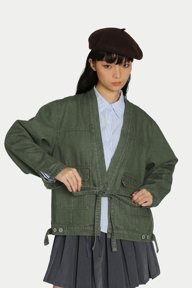 AKIRA KIMONO DENIM JACKET IN OLIVE WASH