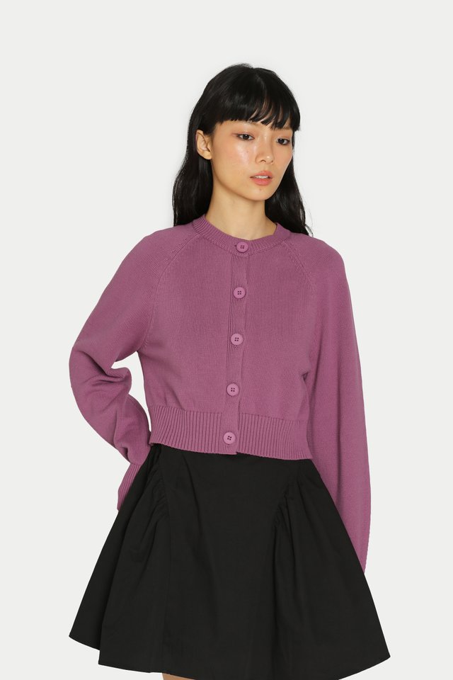 DAHLIA RAGLAN KNIT CARDIGAN IN GRAPE