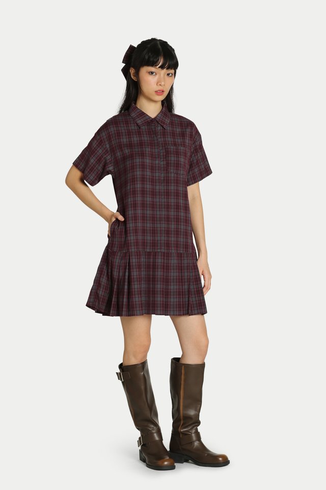 JANE PLEATED BUTTON SHIRT DRESS IN ACAI CHECKS