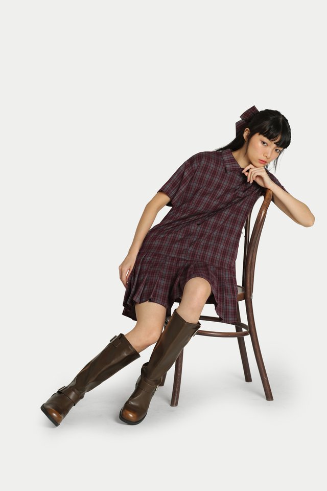 JANE PLEATED BUTTON SHIRT DRESS IN ACAI CHECKS