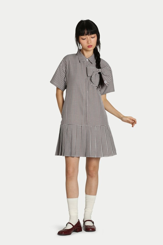 JANE PLEATED BUTTON SHIRT DRESS IN COCO/WHITE CHECKS