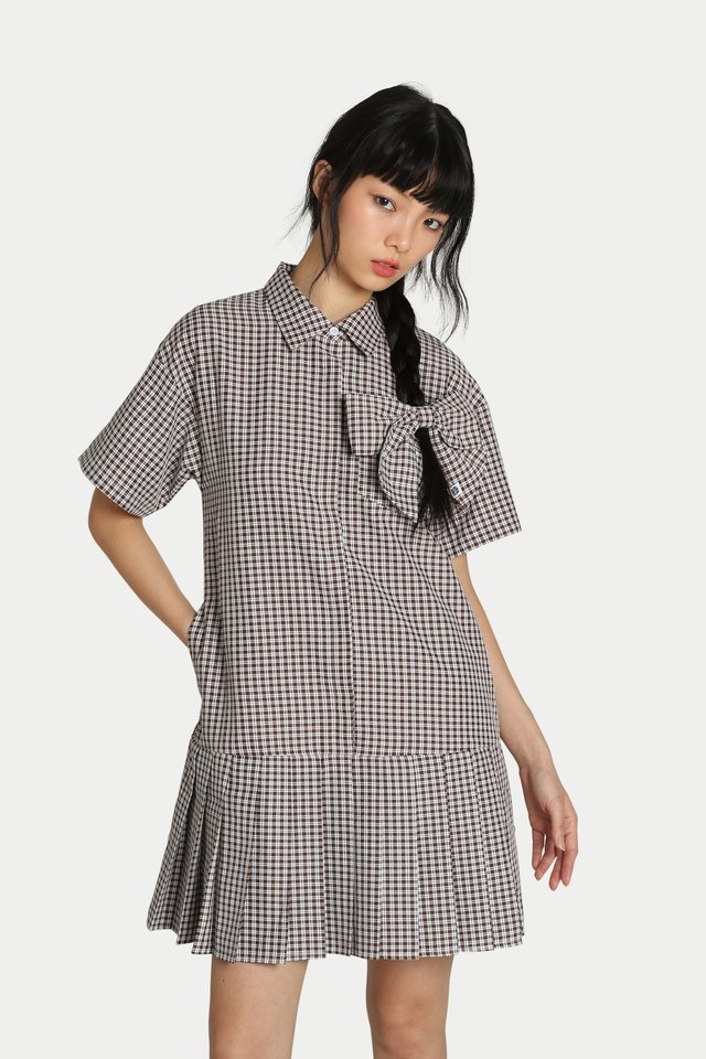 JANE PLEATED BUTTON SHIRT DRESS IN COCO/WHITE CHECKS