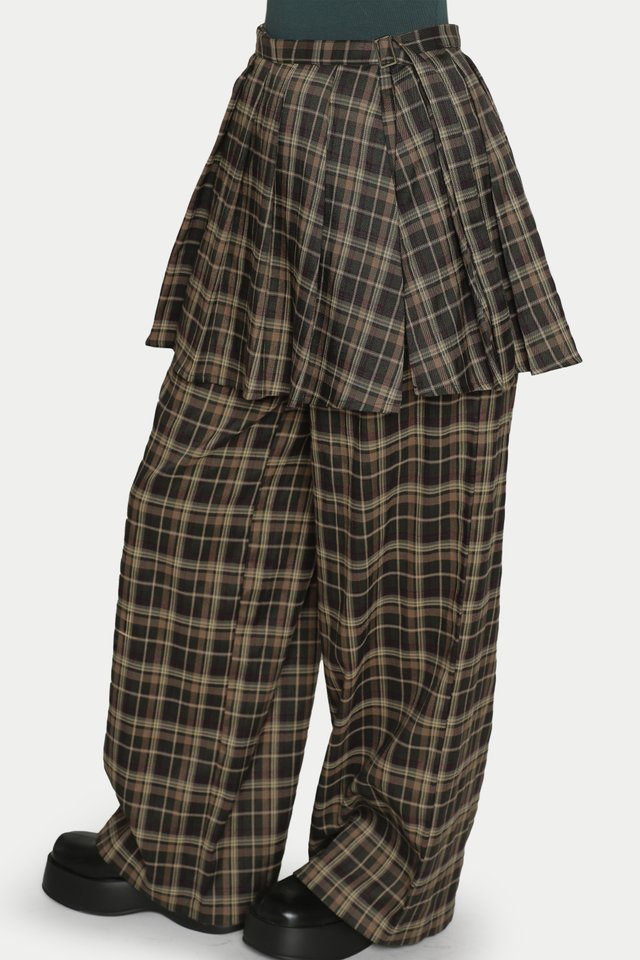 JETT PLEATED SKIRT OVER PANTS IN JUNIPER CHECKS