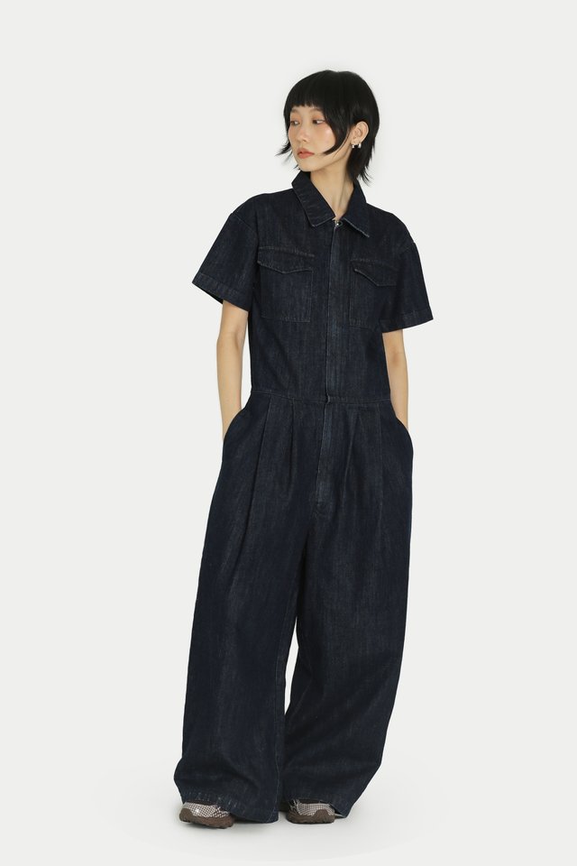 KAITO SHORT SLEEVE WORKER JUMPSUIT IN DARK WASH