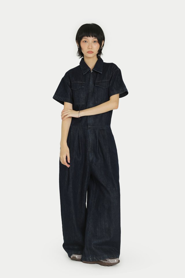 KAITO SHORT SLEEVE WORKER JUMPSUIT IN DARK WASH