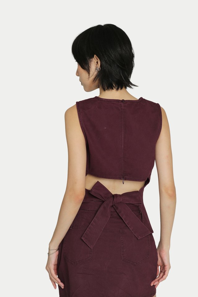 CECILLE TWILL BACKLESS BOW TOP IN RUBY