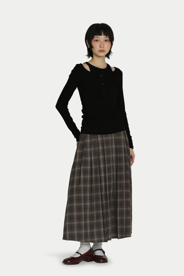 PIPER BOX PLEATED MIDI SKIRT IN GREY CHECKS