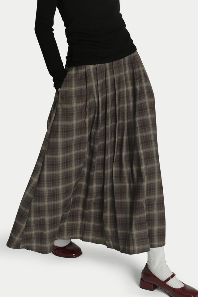 PIPER BOX PLEATED MIDI SKIRT IN GREY CHECKS