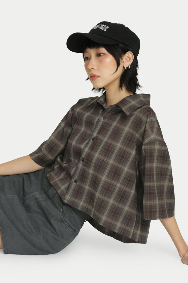 SAKI BACK RIBBON CROP SHIRT IN GREY CHECKS