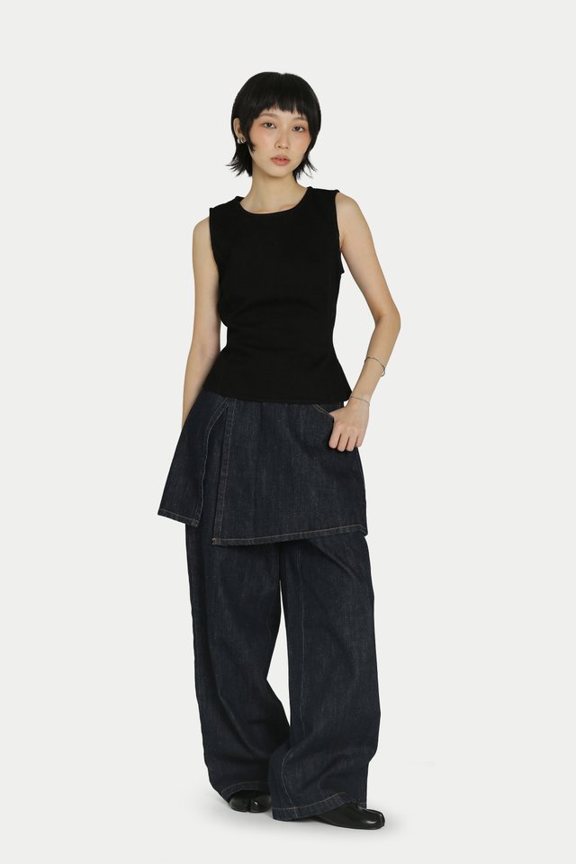 HIYORI DENIM SKIRT OVER PANTS IN DARK WASH