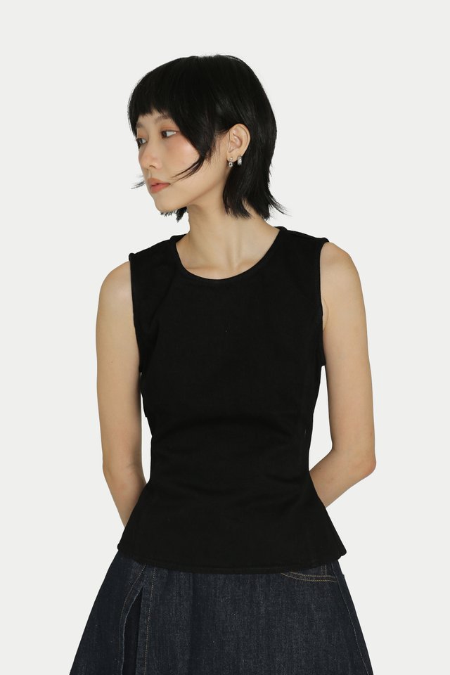 CECILLE DENIM BACKLESS BOW TOP IN BLACK WASH