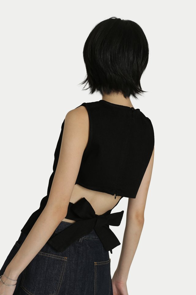 CECILLE DENIM BACKLESS BOW TOP IN BLACK WASH