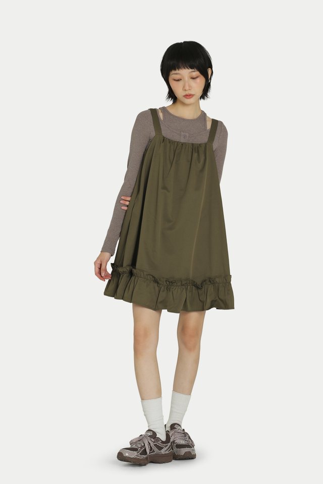 GRACE FRILL HEM MINI ROMPER DRESS IN HUNTER