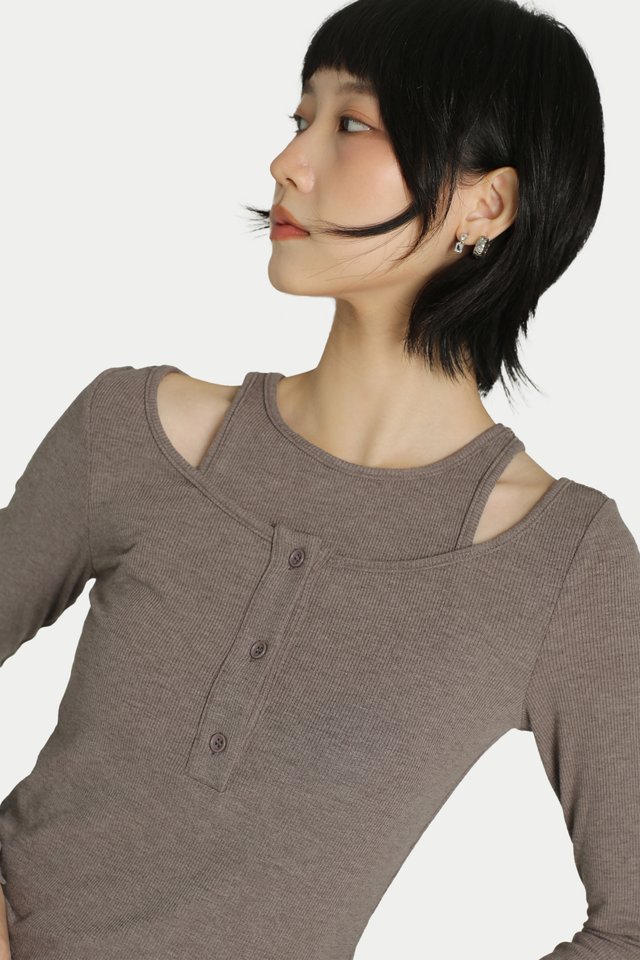 KENDRA DOUBLE LAYER RIBBED TOP IN HEATHER BROWN