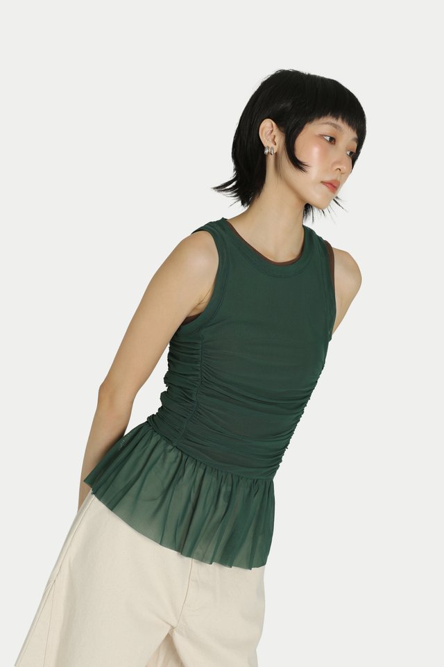 RIKO MESH PEPLUM TANK TOP IN EMERALD