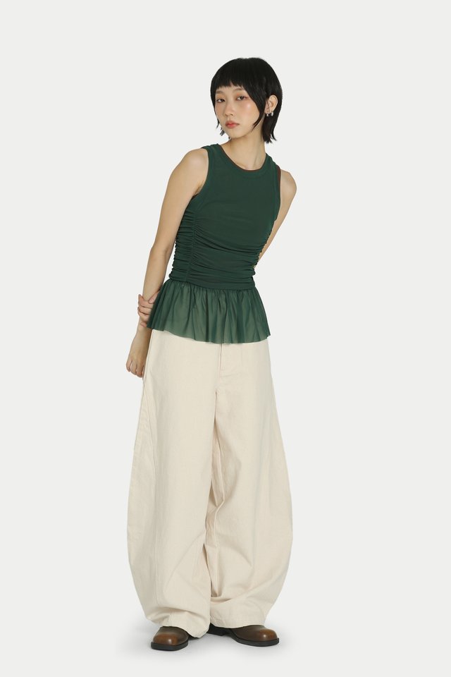 RIKO MESH PEPLUM TANK TOP IN EMERALD