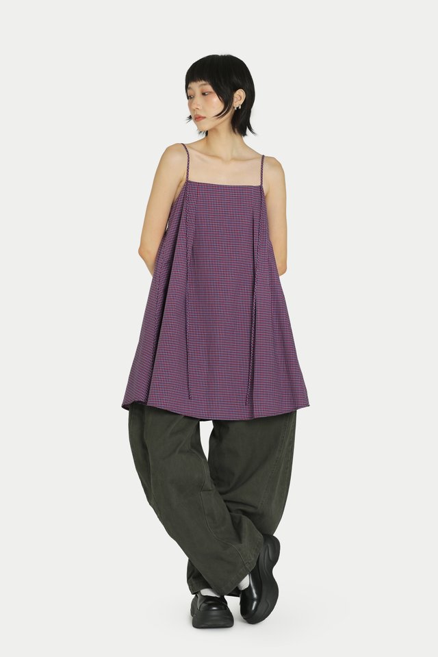 BUNNY LONGLINE BABYDOLL TIE TOP IN BERRY CHECKS