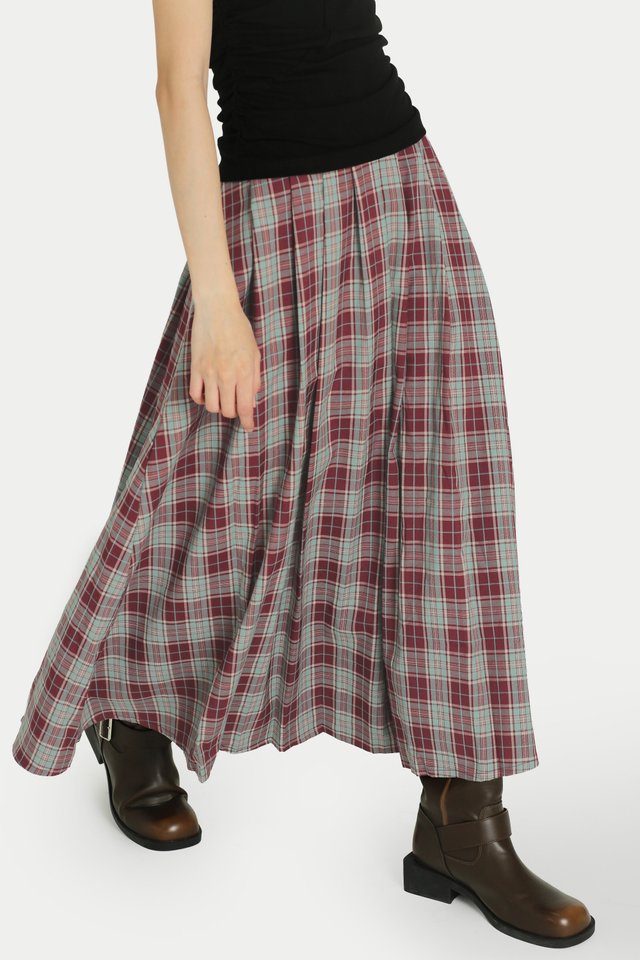 PIPER BOX PLEATED MIDI SKIRT IN CHERRY CHECKS