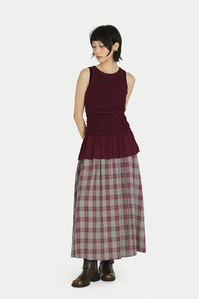 RIKO MESH PEPLUM TANK TOP IN MERLOT
