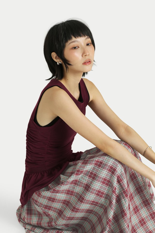 RIKO MESH PEPLUM TANK TOP IN MERLOT