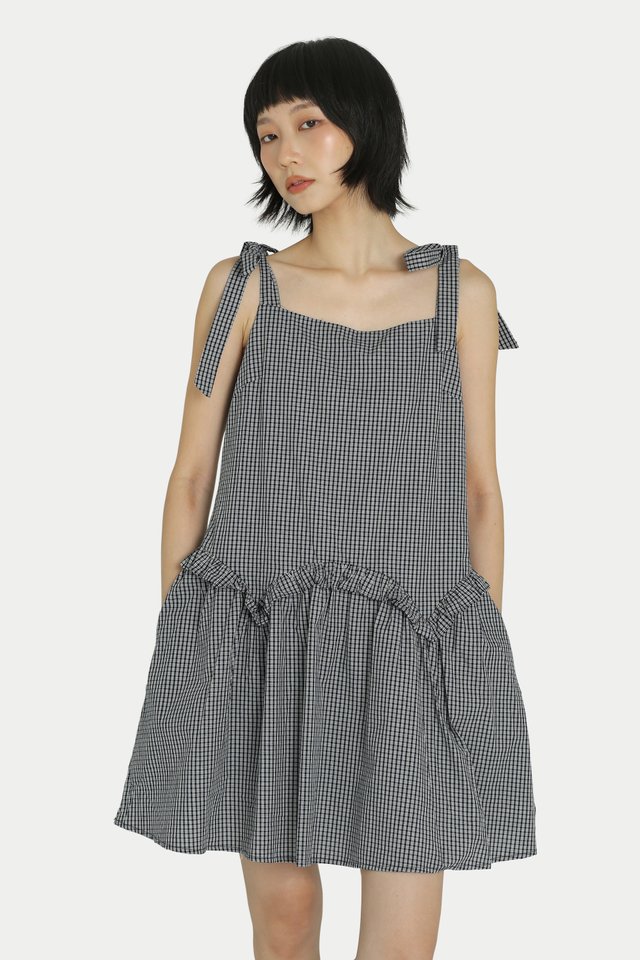 AVELINE SHOULDER TIE FRILL ROMPER DRESS IN NAVY CHECKS