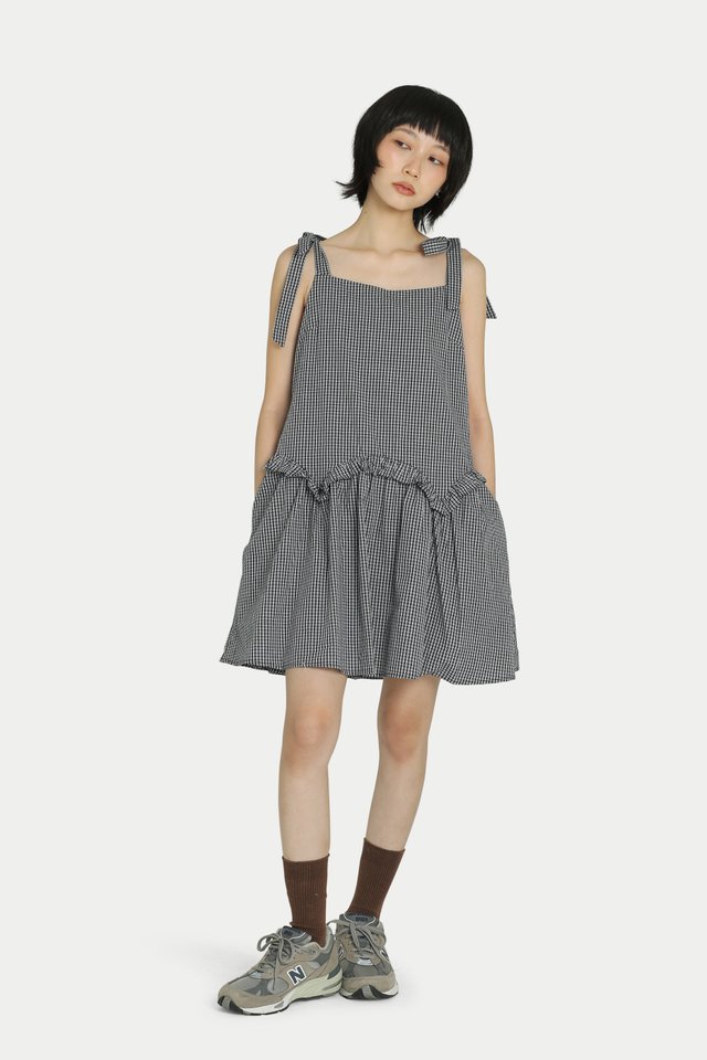 AVELINE SHOULDER TIE FRILL ROMPER DRESS IN NAVY CHECKS