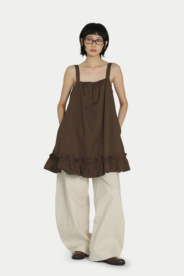 GRACE FRILL HEM MINI ROMPER DRESS IN BROWN