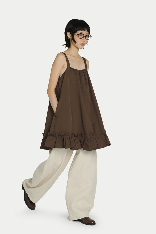 GRACE FRILL HEM MINI ROMPER DRESS IN BROWN
