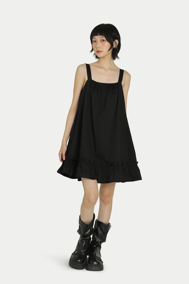 GRACE FRILL HEM MINI ROMPER DRESS IN BLACK