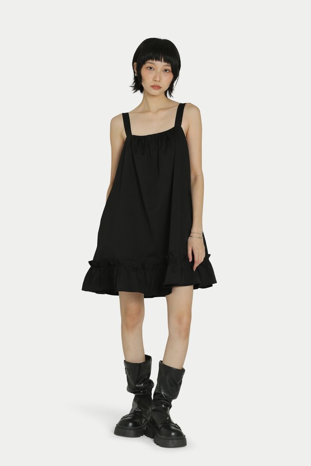 GRACE FRILL HEM MINI ROMPER DRESS IN BLACK