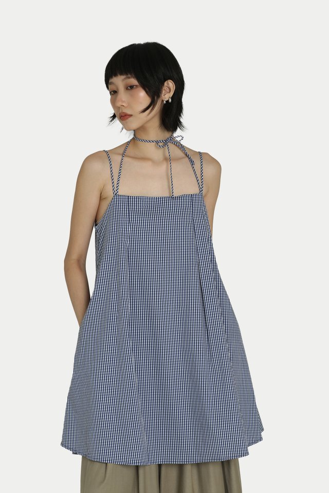 BUNNY LONGLINE BABYDOLL TIE TOP IN NAVY CHECKS