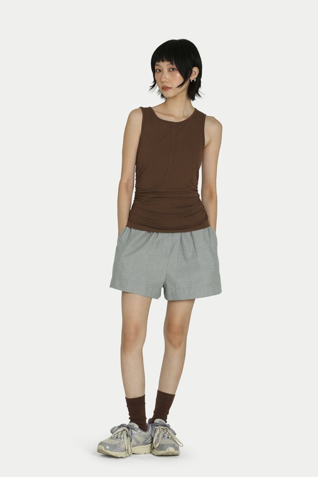 TRIXIE SIDE RUCHED TANK TOP IN ESPRESSO