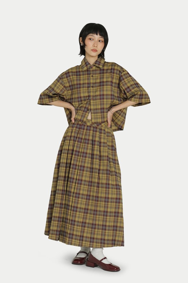 PIPER BOX PLEATED MIDI SKIRT IN YUZU CHECKS