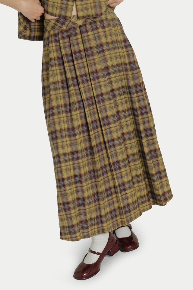 PIPER BOX PLEATED MIDI SKIRT IN YUZU CHECKS