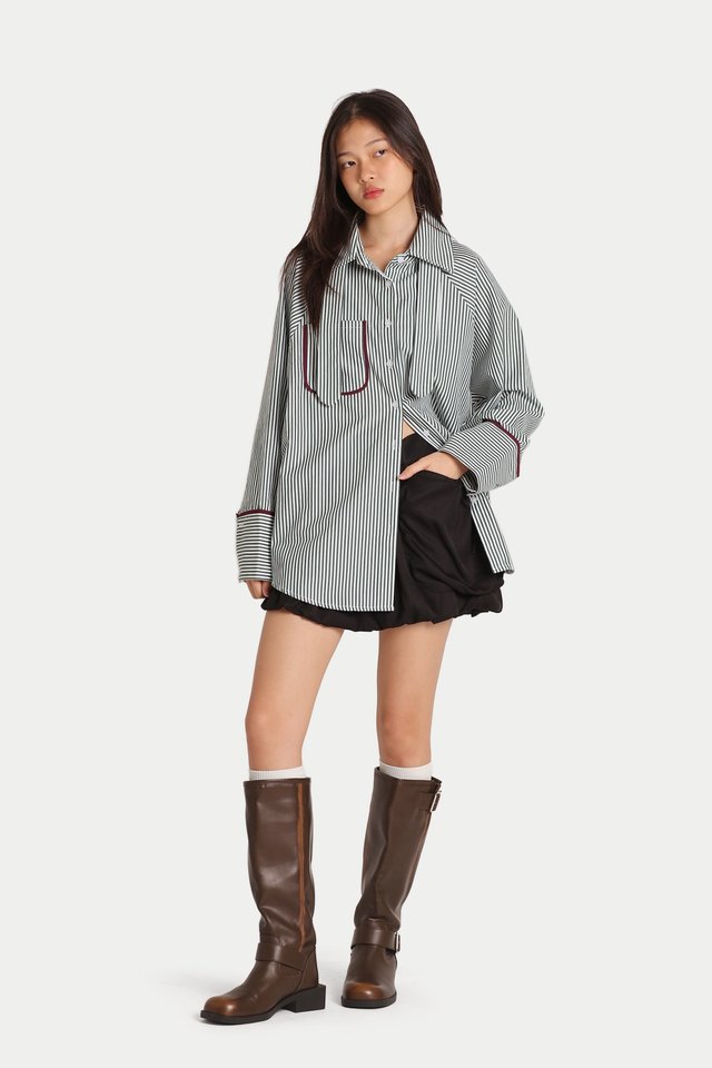 ZEPH CONTRAST TRIMMING OVERSIZED SHIRT IN FOREST STRIPES